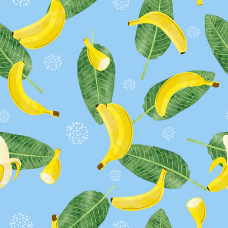Seamless banana leaves and bananas fruit pattern. Vector watercolor illustration.のイラスト素材
