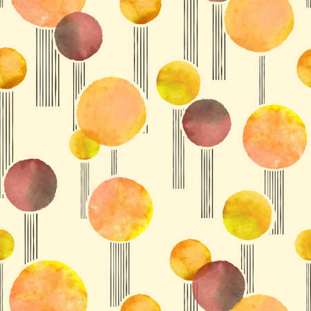 Seamless autumn pattern with orange watercolor circles. Vector abstract geometric backgroundのイラスト素材