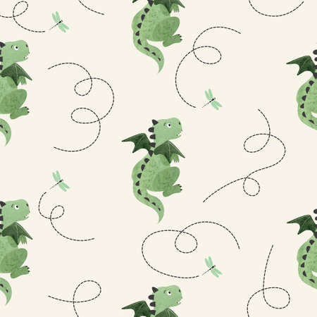 Little cartoon dragon and dragonfly seamless pattern. Baby printのイラスト素材