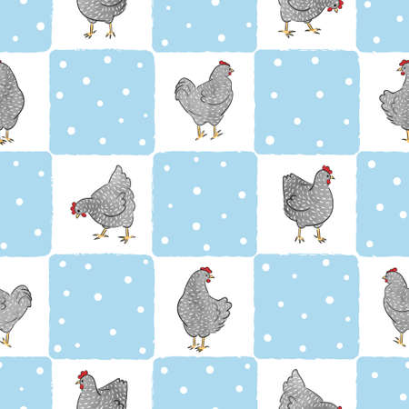 Seamless farm chicken pattern with hens. Vector checked background.のイラスト素材