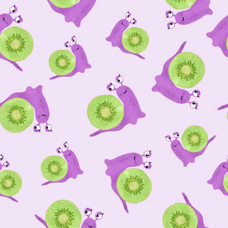 Seamless vector pattern with watercolor cute cartoon snail and kiwi fruit.のイラスト素材
