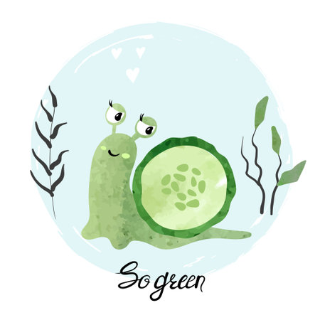 Cute cartoon snail with cucumber as shell. Vector watercolor illustration for kids.のイラスト素材