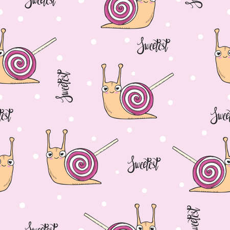 Seamless pattern with cartoon snail with candy lollipop as shell. Vector baby illustration.のイラスト素材
