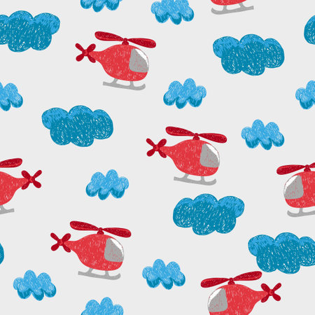 Seamless pattern with doodle helicopters and clouds for kids. Choppers vector illustrationのイラスト素材