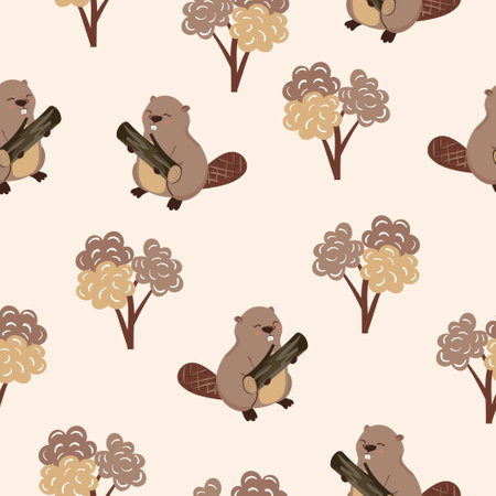 Cute beavers and trees seamless pattern for kids.のイラスト素材