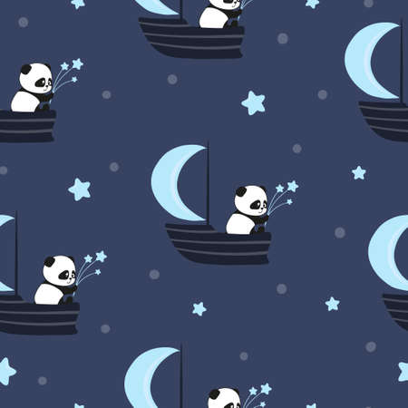 Cute baby panda on the boat with moon sail. Night vector illustration for kids.のイラスト素材