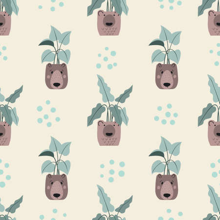 Plants in pots seamless pattern.	Vector cartoon illustration with bear facesのイラスト素材
