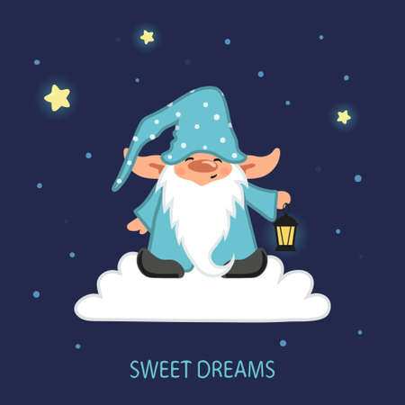 Cute gnome with lantern on cloud. Sweet dreams vector illustration with dwarf for kids.のイラスト素材
