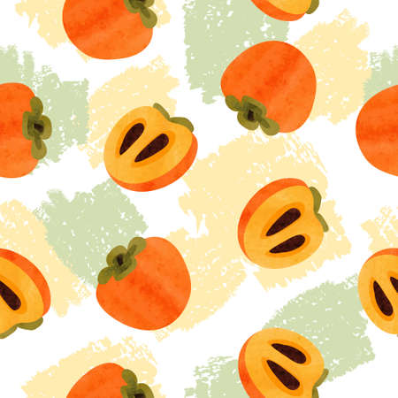 Seamless persimmon fruit pattern. Exotic fruit watercolor vector illustration.のイラスト素材