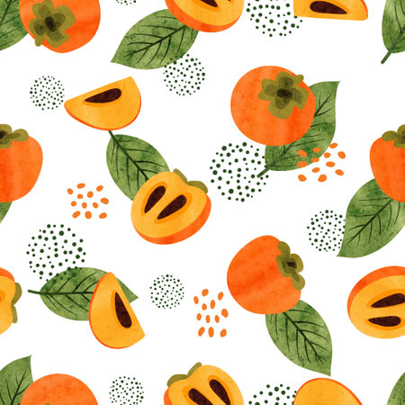 Persimmon and leaves seamless pattern. Vector watercolor illustration with exotic fruits.のイラスト素材