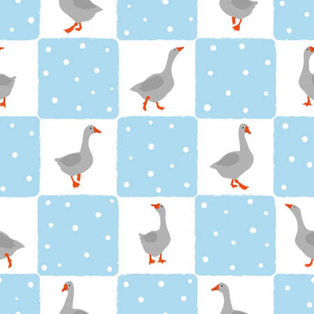 Seamless farm birds pattern with geese. Vector goose checked background.のイラスト素材
