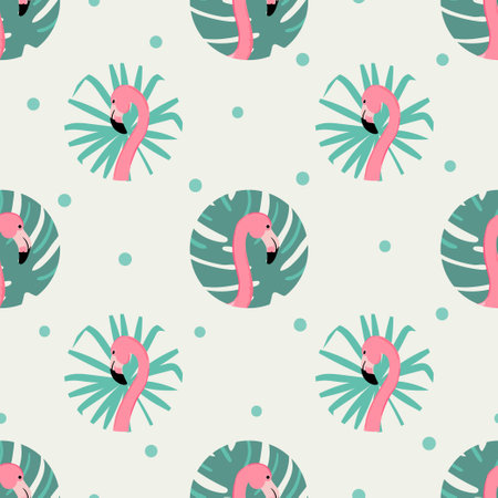 Seamless polka dot pattern with pink flamingo. Vector tropical print.のイラスト素材