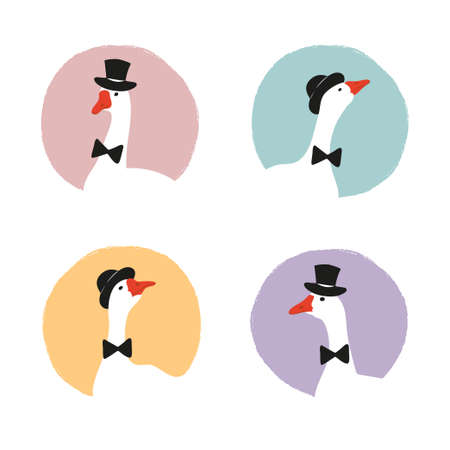 Cartoon geese gentlemen portraits set. Vector illustration of funny goose wearing hatのイラスト素材
