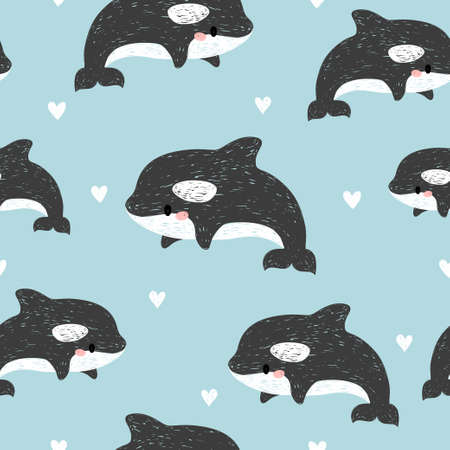 Cute cartoon killer whales seamless pattern. Baby print.のイラスト素材
