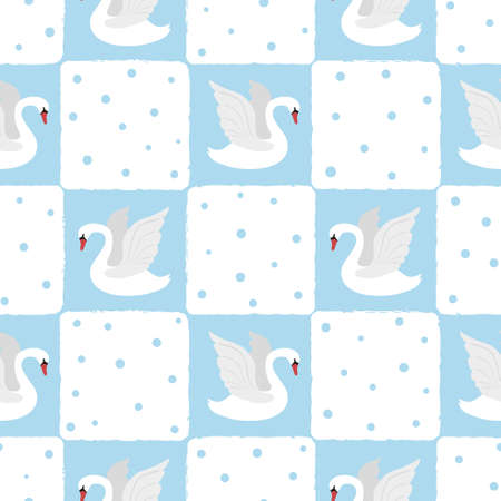 Seamless swan birds pattern. Vector baby print, checked backgroundのイラスト素材