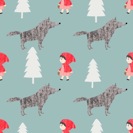 Seamless Red Riding Hood pattern. Fairy tale vector illustration. Little girl and wolf in the woodland.のイラスト素材