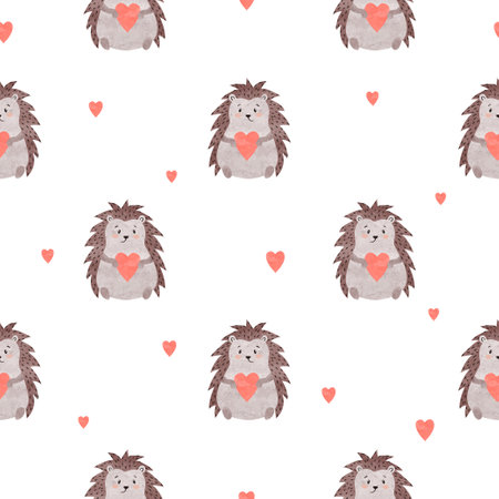 Cute hedgehogs with hearts seamless pattern. Vector Valentines Day backgroundのイラスト素材