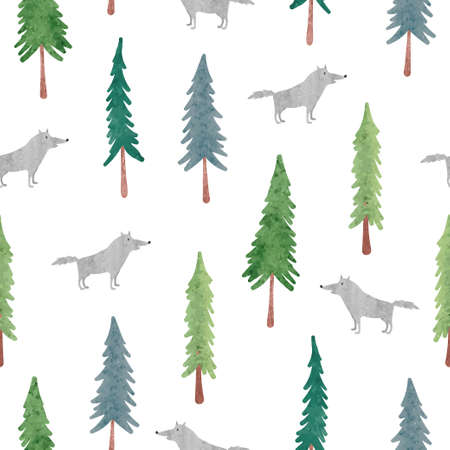 Seamless woodland pattern with wolf and fir trees. Vector childish watercolor illustration.のイラスト素材