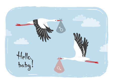 Cartoon flying stork in sky with baby. Baby shower card design.のイラスト素材
