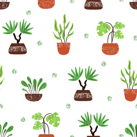 House plants in pots pattern. Vector seamless watercolor background.のイラスト素材