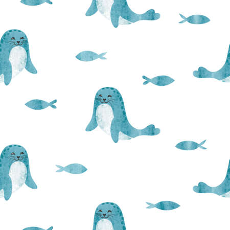 Seamless pattern with cute watercolor seal animal and fish.のイラスト素材