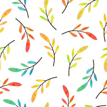 Abstract watercolor pattern with colorful leaves and branches. Seamless autumn vector illustrationのイラスト素材