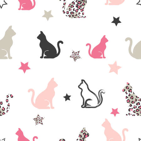 Seamless vector pattern with cats and leopard print. Textile, fabric designのイラスト素材