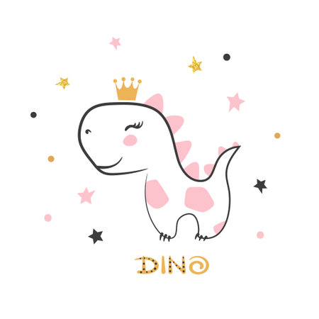 Dinosaur girl princess cute vector illustration. Dino baby print for t-shirt, nurseryのイラスト素材