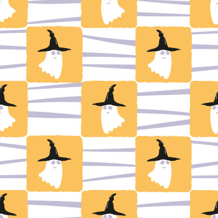 Halloween pattern with cute ghosts in witch hats. Vector childish illustrationのイラスト素材