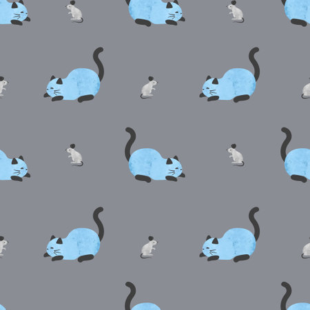 Seamless vector pattern with cute cats and pink mice.	Cat and mouse vector illustration.のイラスト素材