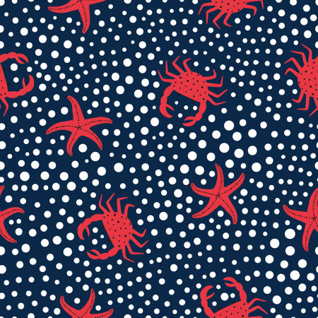 Seamless marine pattern with red starfish and crab. Vector sea animal background.のイラスト素材