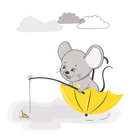 Cute little mouse in umbrella. Vector childish illustration.のイラスト素材