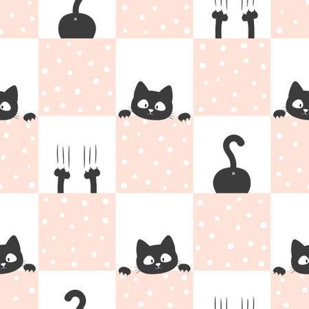 Cute black cat seamless pattern. Vector illustration for kids, nursery designのイラスト素材