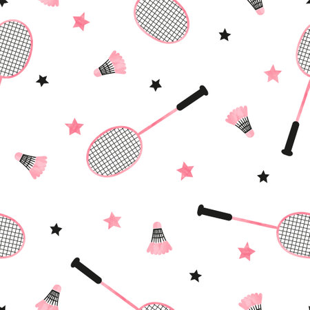 Seamless sport pattern with badminton rackets and shuttlecocks. Vector illustrationのイラスト素材