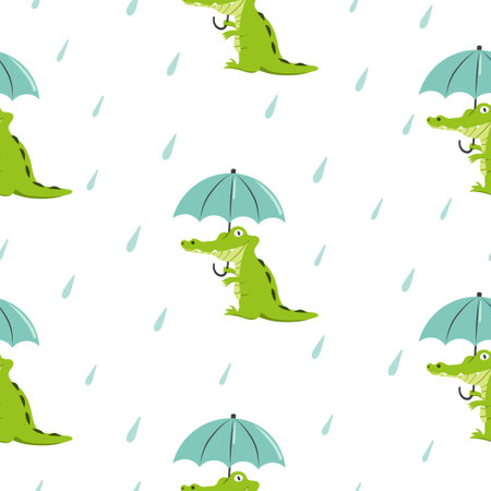 Cute crocodile with umbrella. Seamless cartoon alligator pattern. Nursery design, print for kids.のイラスト素材
