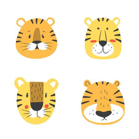 Set of cute cartoon tigers. Funny animal heads. Vector illustration of tiger facesのイラスト素材