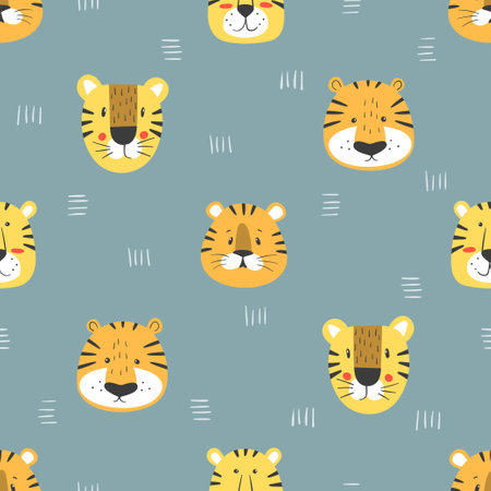 Seamless childish pattern with cartoon tigers. Vector animal illustration, baby printのイラスト素材