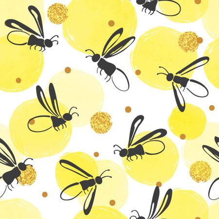 Seamless firefly pattern. Fairy vector illustration with glowworms and yellow circles.のイラスト素材