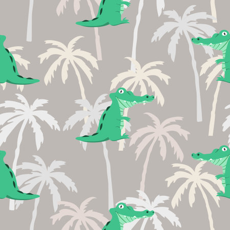 Seamless pattern with cute crocodiles and palm trees.のイラスト素材