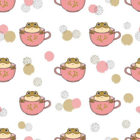 Seamless pattern with cute frogs in cups. Vector illustration with cartoon toadsのイラスト素材