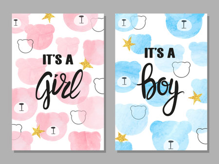 Baby shower card set. Watercolor invitation cards design with bear faces for baby shower party - girl and boyのイラスト素材