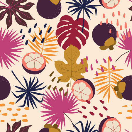 Seamless tropical pattern. Exotic mangostin fruits and leaves. Vector botanical backgroundのイラスト素材