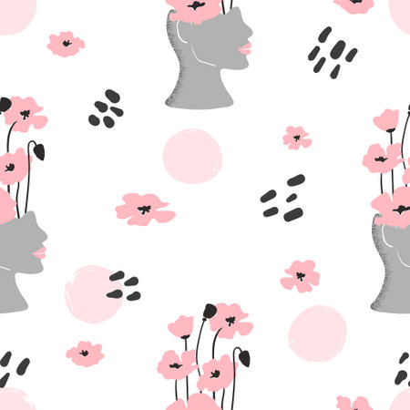 Seamless trendy pattern with abstract women faces and flowers. Vector floral backgroundのイラスト素材