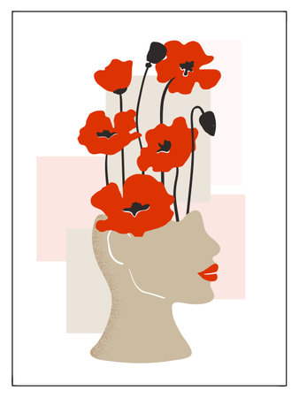 Abstract vase as woman face with red poppies. Vector floral posterのイラスト素材