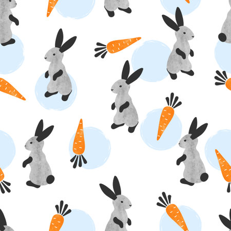 Rabbit and carrot seamless pattern. Vector watercolor bunny childish illustrationのイラスト素材
