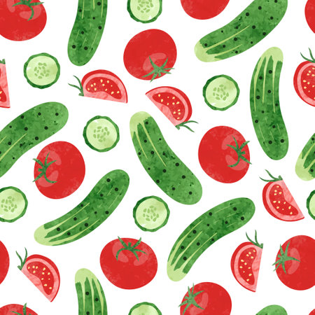 Tomato and cucumber seamless pattern. Vector watercolor vegetables backgroundのイラスト素材