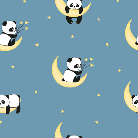 Seamless baby pattern with cute panda bear on the moon. Childish print, vector illustrationのイラスト素材