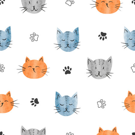 Seamless cute cat faces pattern. Baby print. Vector watercolor illustrationのイラスト素材
