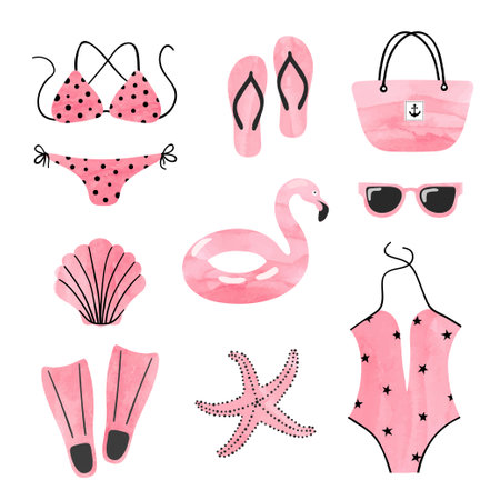 Cute beach set with summer items. Vector watercolor travel illustration of flamingo rubber ring, sunglasses, swimsuit. bag and flip-flopsのイラスト素材