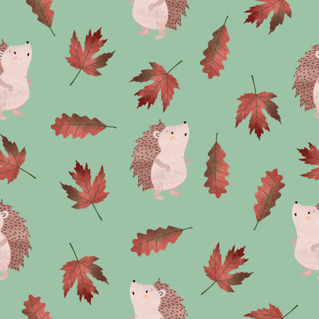 Seamless pattern with cute watercolor hedgehogs and autumn leaves. Childish vector illustrationのイラスト素材
